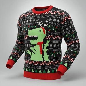 Simplee Christmas Sweater Mens XL Black Red Green Dinosaur Candy Cane Holiday